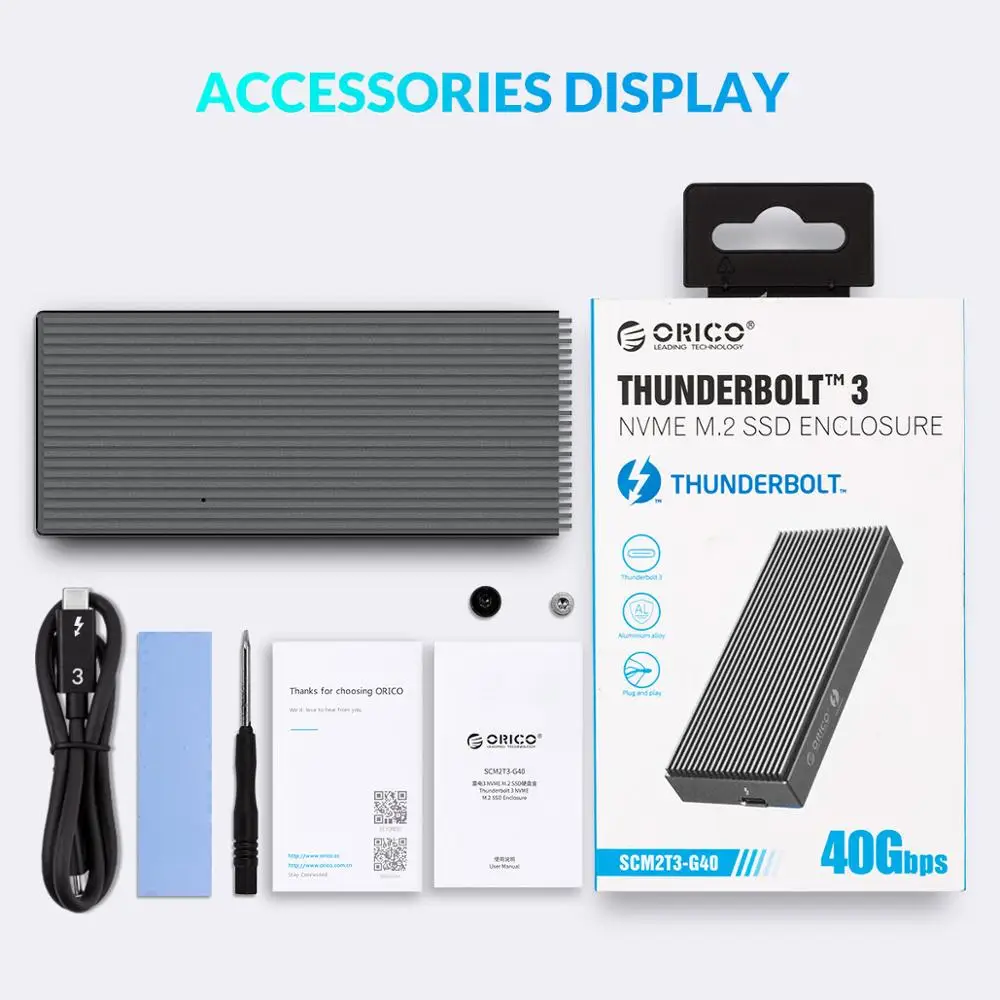 ORICO Thunderbolt 3 40Gbps NVME M.2 SSD Enclosure 2TB Aluminum USB C with 40Gbps Thunder Bolt Thunderbolt 3  For Mac book