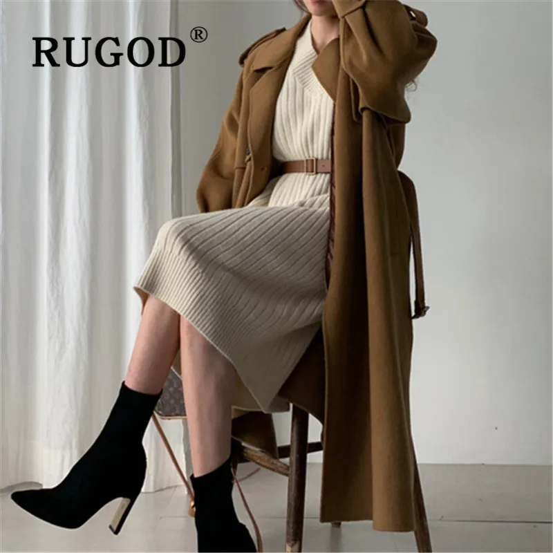 RUGOD, женское платье-свитер, осень и зима, v-образный вырез, корейский стиль, шикарные макси платья, повседневное, женское, стильное, вязаное, Vestido