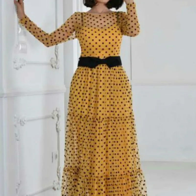 Women Dress Polka Dot O Neck Transparent Mesh See Through Maxi Vestidos Long Sleeves with Inside Spaghetti Strap Robes Female XL | Женская