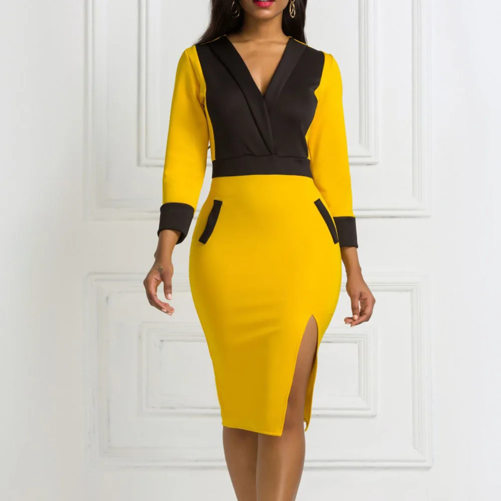 

Yellow Women Spring Bodycon Dress 2020 African Patchwork Office Lady Workwear Midi Dresses Robe Elegant V Neck Female Vestiods