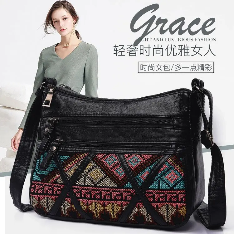 

2019 New Style Ethnic-Style Fashion Washed Leather Middle-aged Mom WOMEN'S Bag Stall Wandering Peddler Night Market Crossbody Ba