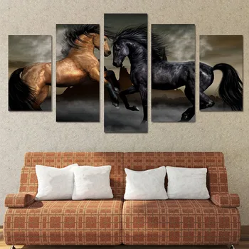 

HD Printed 5 Pieces Canvas Art Animal Black with Brown Horse Painting Wall Artwork Pictures Living Room for Houses Gifts