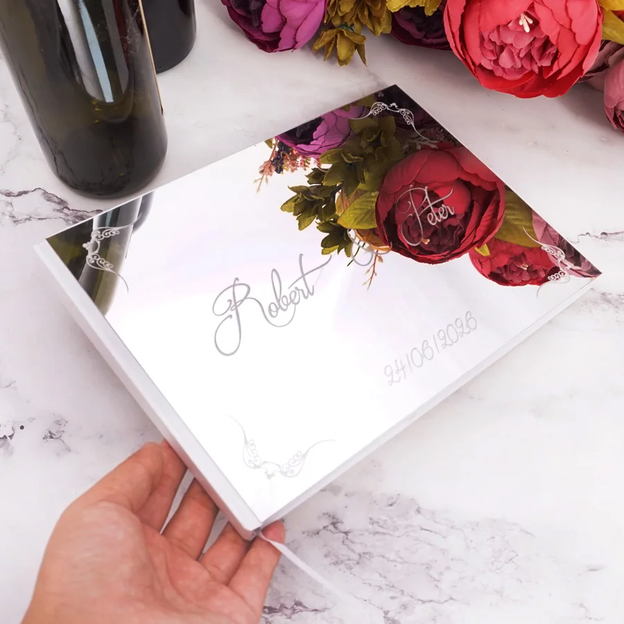 25x18cm Personalized Wedding Vintage Signature Guestbook Acrylic Mirror Cover White Blank Pages Party Favors Wedding Gift