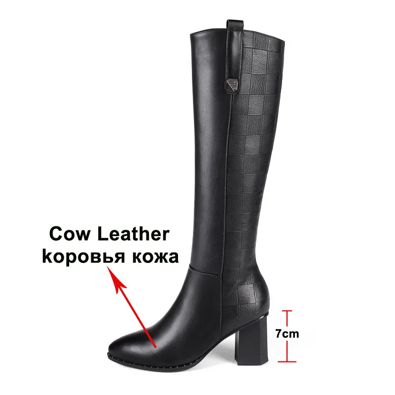 Ceny Meotina zimowe buty do kolan kobiety naturalne prawdziwej skóry gruby wysoki obcas buty jeździeckie Zip Pointed buty z palcami pani jesień 34 42