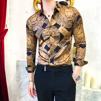

Luxury Golden Casual Shirt Men Long Sleeve Shirt Dress Slim Fit Tuxedo Shirts Male Fashion Streetwear Social Night Club Shirt