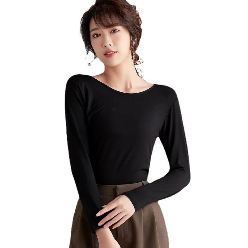 Korean Fashion Cotton Long Sleeve Solid T-shirt Women High Stretch Slim Tops Spring Autumn Skinny Basic Bottoming Tshirt Tight long sleeve t shirts Tees