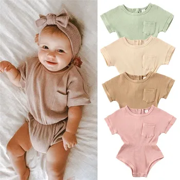 

4 Colors Summer Infant Baby Girls Boys Short Sleeve Pocket Romper Jumpsuit Toddler Infant Cotton Ribbed Knitted Outfit Clothes