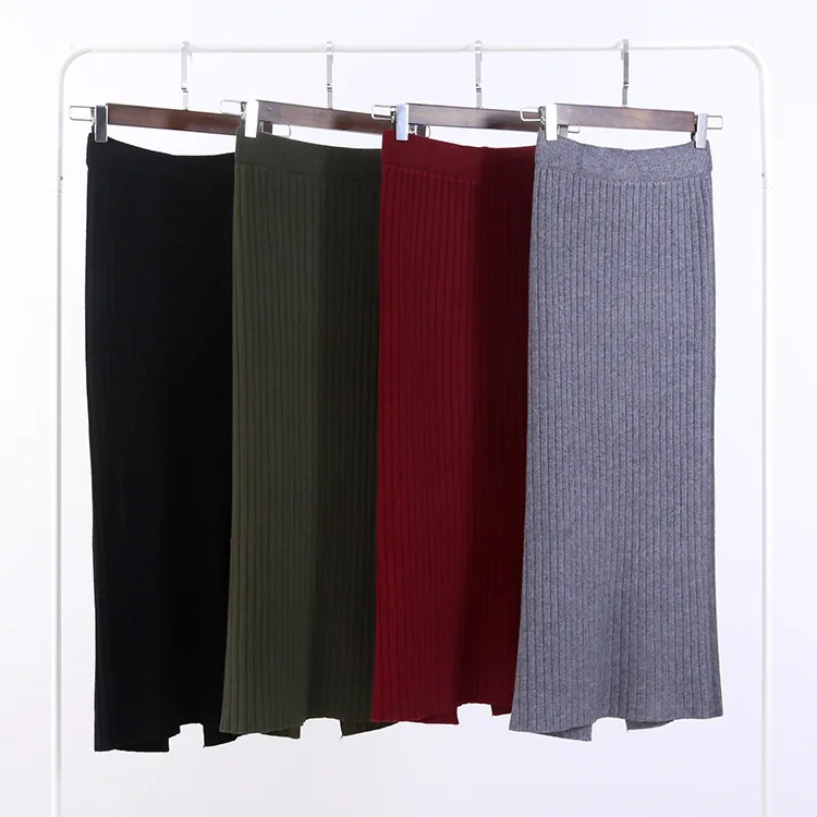 

80CM Elastic Band Women Skirts Autumn Winter Warm Knitted Straight Skirt Ribbed Ribbed Mid-Long Skirt Black