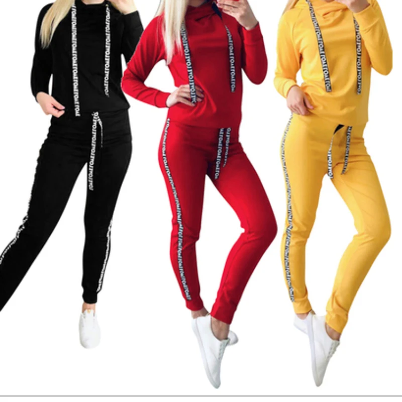 

2020 Casual Tracksuit Women 2 Piece Set FemaleFashion letter ribbon long sleeve leisure sports suit Hooded Sportwear Suit