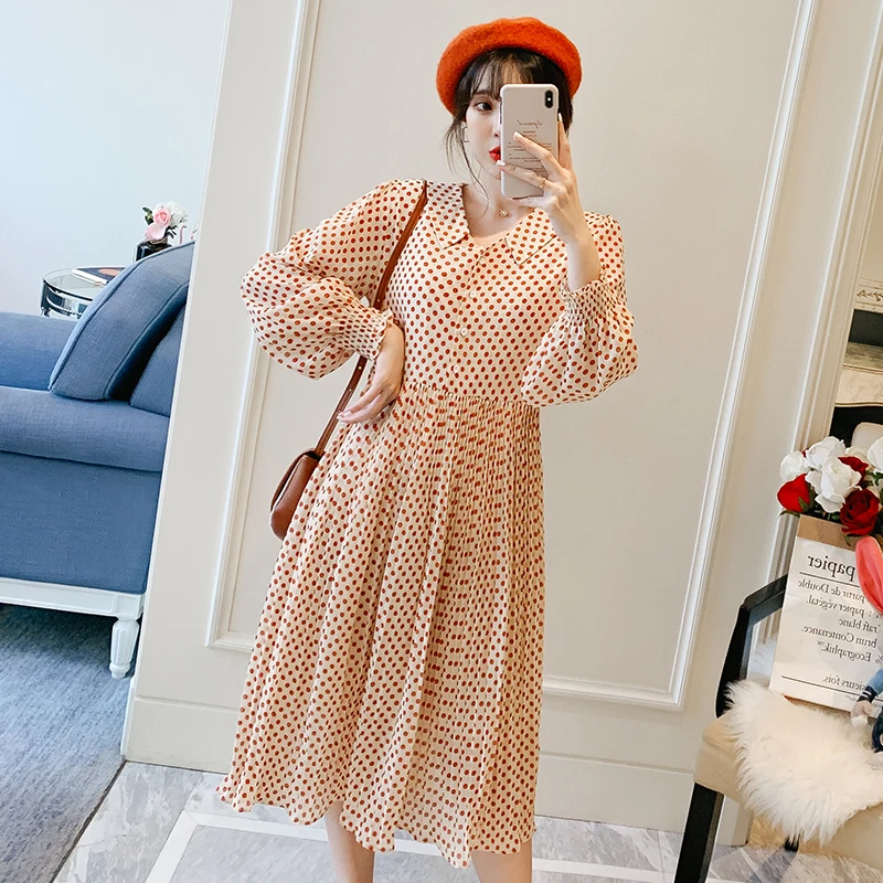 

5813# 2019 Autumn Korean Fashion Elegant Maternity Dress Button Opened Nursing Clothes for Pregnant Women Fall Pregnancy Feeding