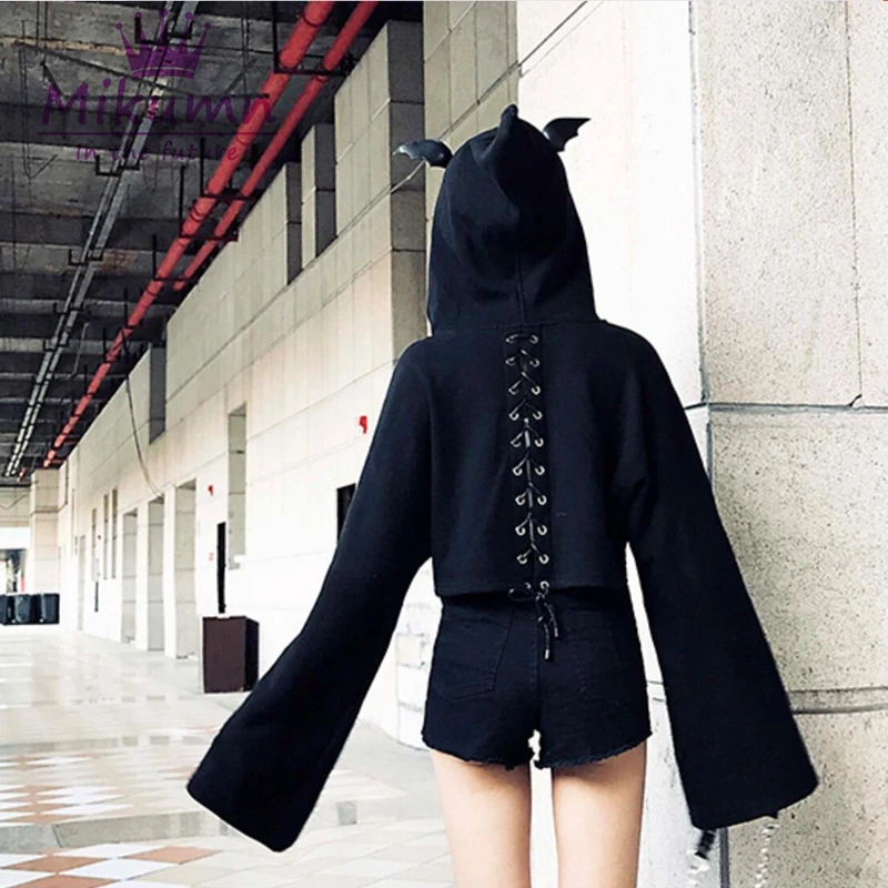 Harajuku/Толстовка на шнуровке; повседневные свободные толстовки с ушками; уличная одежда в стиле панк и готика; толстовки на Хэллоуин; Осенняя короткая куртка на молнии
