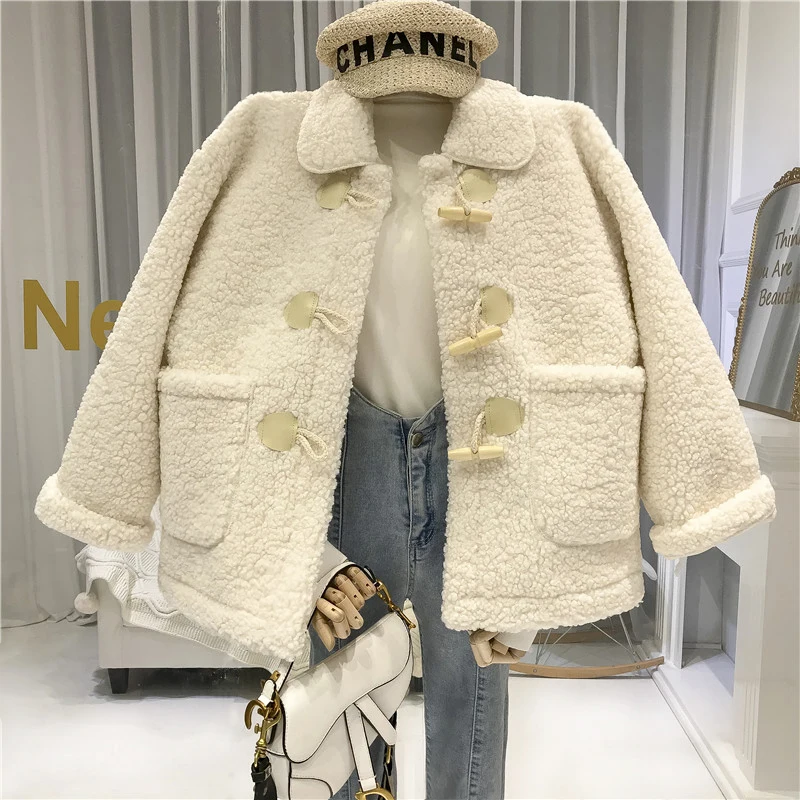 

Thick Winter Fleece Women Coats and Jackets 2019 Pockets Casual Solid Turn-down Collar Horn Button Female Jacket Outwear
