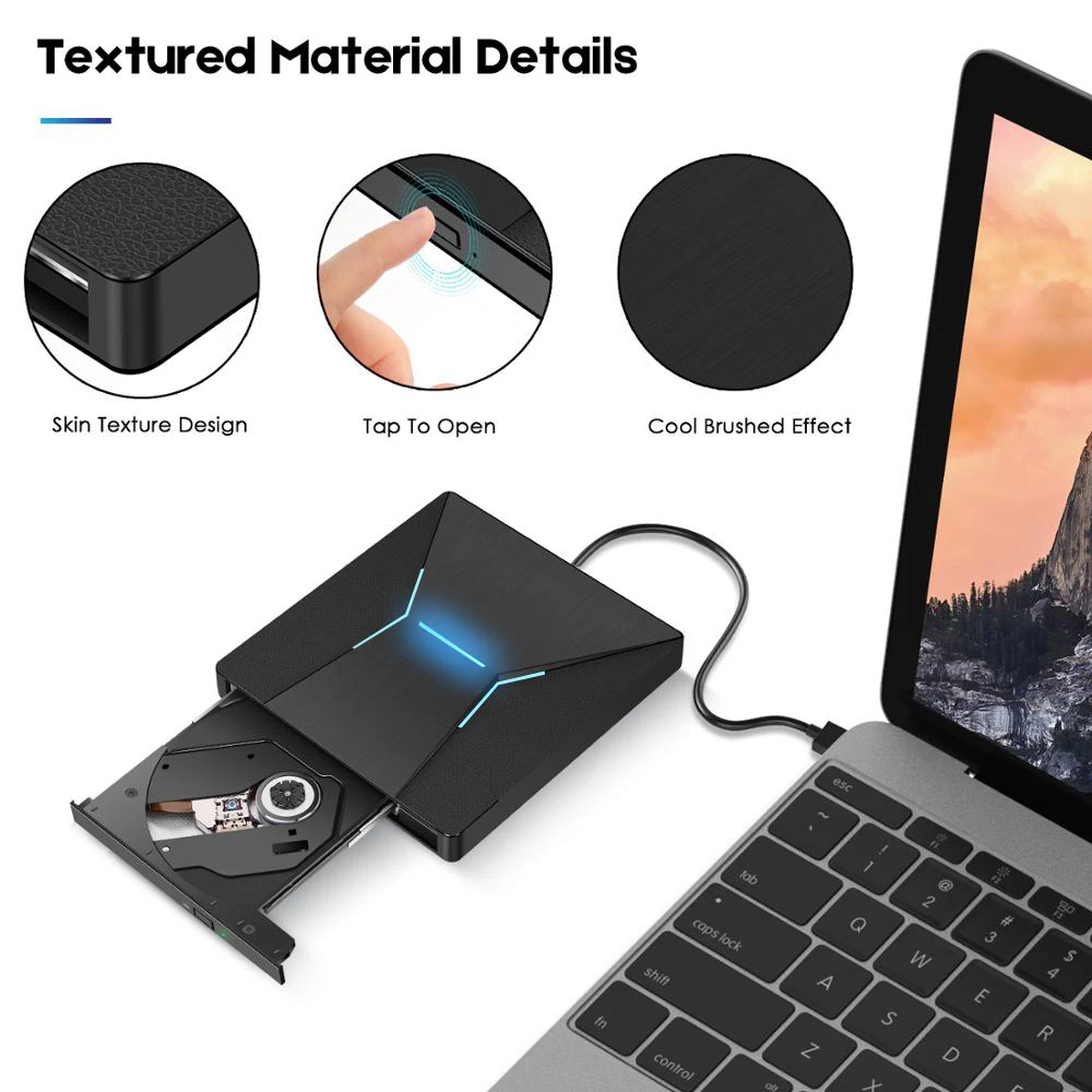 Quemador KuWfi USB 30 tipo C portátil de alta velocidad de DVD +/RW con luz colorida reproductor de