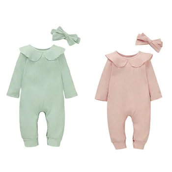 

Kids Baby Girls Casual Romper Autumn Casual Solid Color Long Sleeves Two Pieces With Bow Headband Girl Rompers 2020