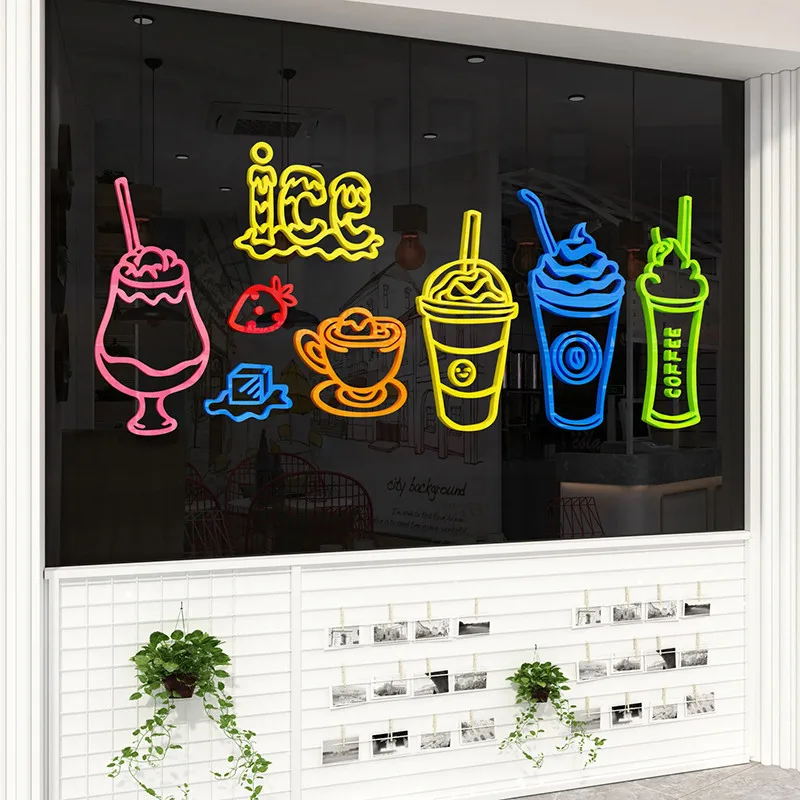 1 Set Ice Cream Shop Wall Decoration Stickersr Cold Drink Milk Tea Dessert Cake Advertising Glass Sticker Bar Front Desk Sticker