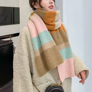 

1PC Women Winter Warm Pashmina Scarf Contrast Color Rainbow Stripes Shawl Blanket