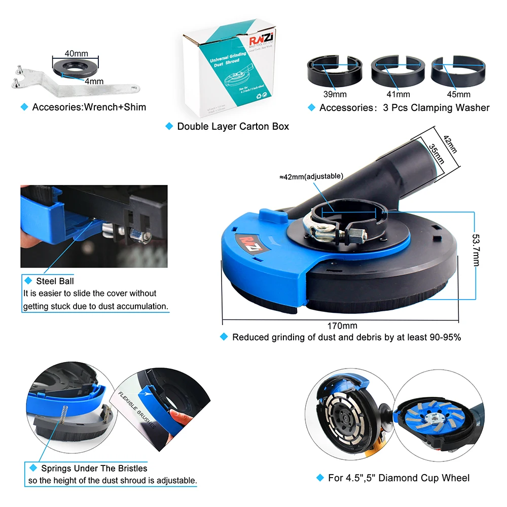 Raizi 125/180mm Angle Grinder Dust Shroud Cover Kit with Replaceble Brush Universal Surface Grinding Dust Collection Cover Tool