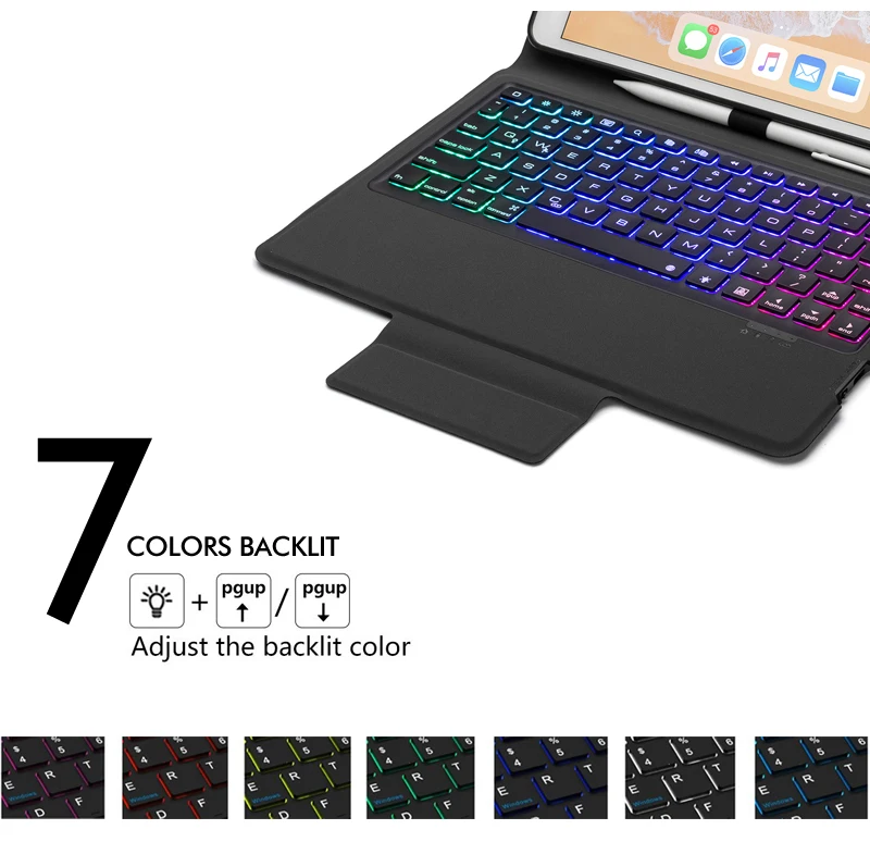 [Новинка] Bluetooth беспроводная клавиатура для нового iPad 10,", 7 цветов подсветки+ Премиум Тонкий кожаный чехол+ все в одном дизайне