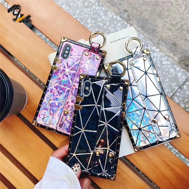 

For iPhone XS MAX XR XS Luxury Laser Square Bracket Wrist Strap Diamond Phone Cases For iPhone 7 8 6s Plus 10X Cover Capa Funda