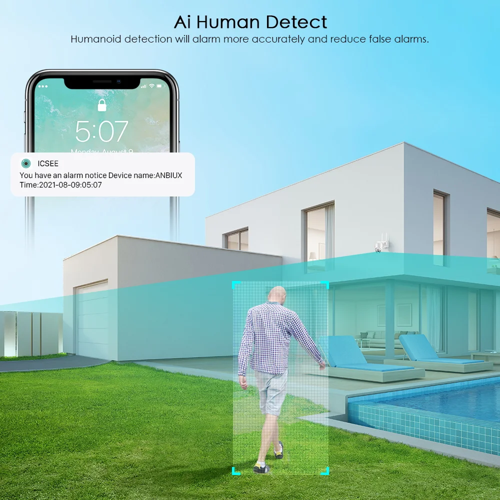 Caméra IP extérieure avec suivi humain AI, wifi, audio et vision