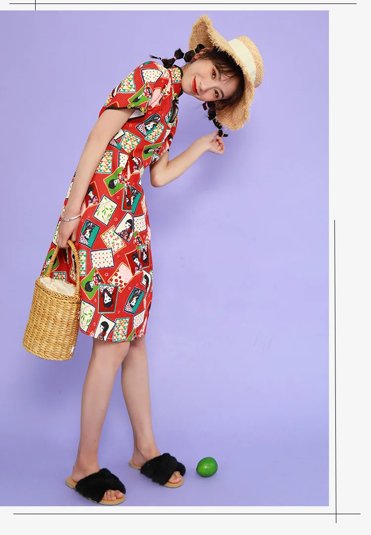 SWEETXUE Cheongsam-платье женское милое Kawaii китайская пуговица с принтом свободное Повседневное платье Летнее Harajuku шикарное ТРАПЕЦИЕВИДНОЕ ПЛАТЬЕ