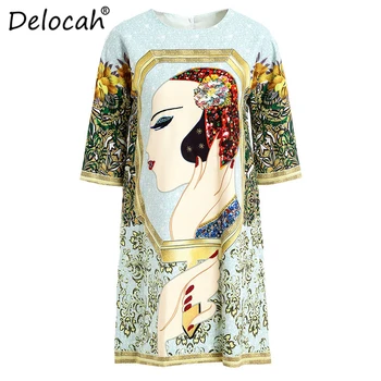 

Delocah Elegant Summer Women Fashion Designer Women Short Sleeve Sequin Diamond Retro Loose Ladies Short Dress Vestoidos