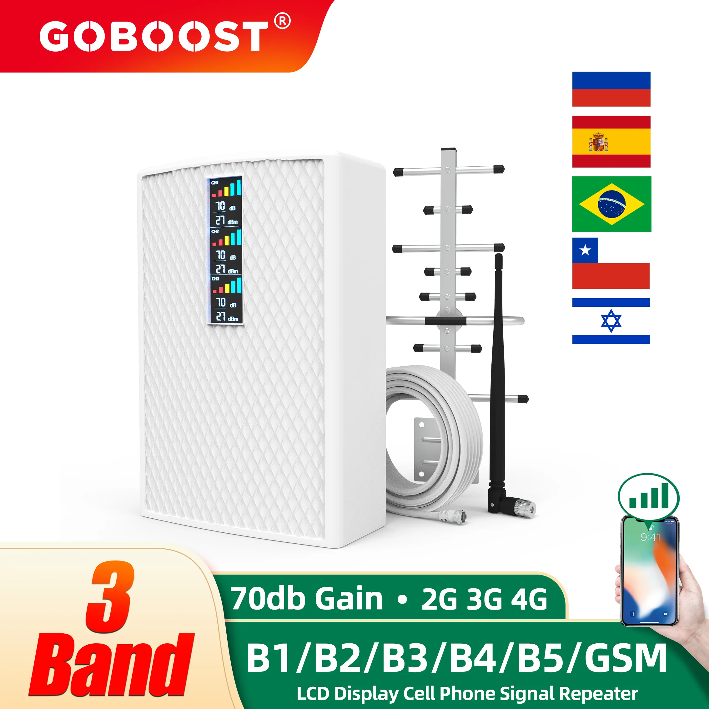 GOBOOST 3G 4G Signal Booster GSM Cellular Amplifier Tri Band 850 900 1800 2100 1900 1700 Mobile Network Repeater Phone Antenna | Мобильные