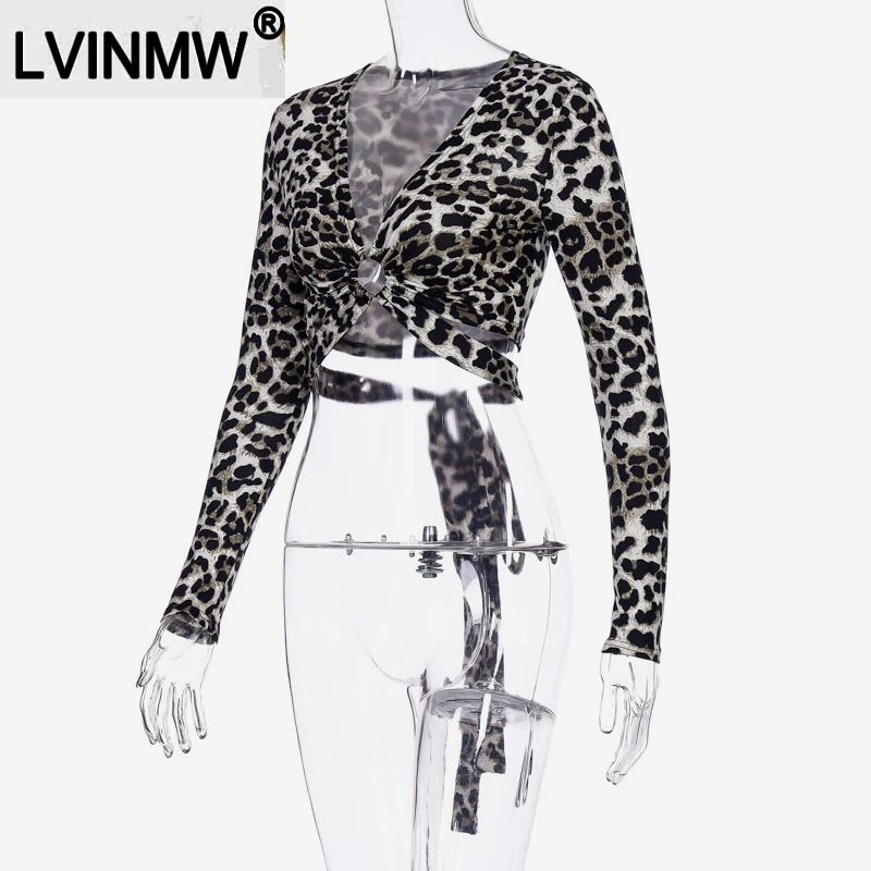 LVINMW, женские короткие топы с глубоким v-образным вырезом и леопардовым принтом, Осень-зима, женские вечерние футболки с длинным рукавом на шнуровке и металлической пуговицей
