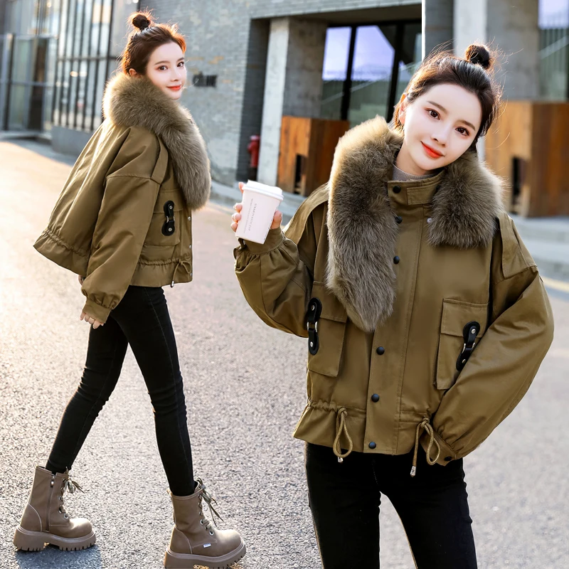 

New Arrival Short Parka Coat Women 2021 Winter Jackets Fashion Big Fur Collar Cotton Coat Plus Velvet Warm Parkas Windproof Tops