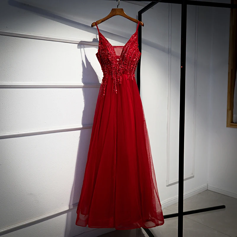 SSYFashion Новое банкетное элегантное бордовое вечернее платье с v-образным вырезом с аппликацией из бисера длиной до пола длинное торжественное платье Vestido De Noche - Цвет: Бургундия