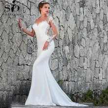 Винтажные женские платья свадебное платье со шлейфом-образным вырезом с длинными рукавами Свадебные платья на молнии сзади кружевное атласное платье невесты халат