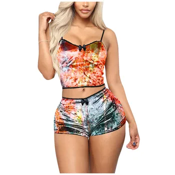 

Women Sest Fashion Home Leopard Tie-dye Print Velvet Shorts Two-piece Tracksuit Sets Female Party Set