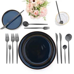 JANKNG 24Pcs Black Matte Cutlery Set Stainless Steel Dinnerware Set Knife Fork Spoon Dinner Set Kitchen Flatware Tableware Set