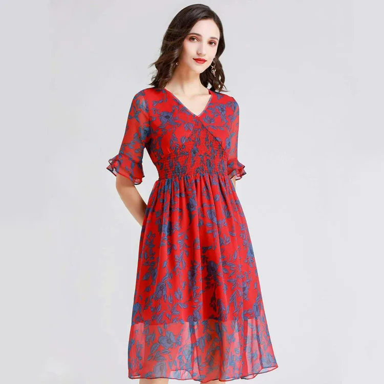 

Europe And America Chiffon Printed One-piece Dress Women's Summer New Style Mid-length Elegant Fashion a Generation of Fat