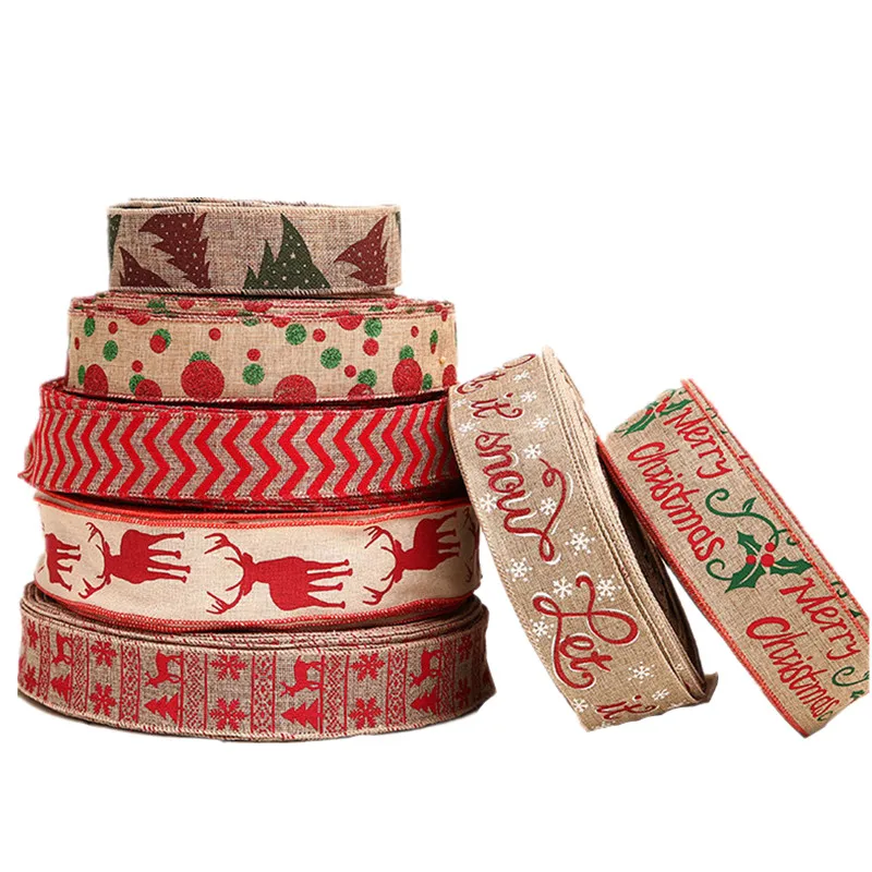 

200cm Merry Christmas Elk Printed Linen Ribbons Gift Wrapping Decorations Ribbons Wedding Christmas Tree Decor for Home