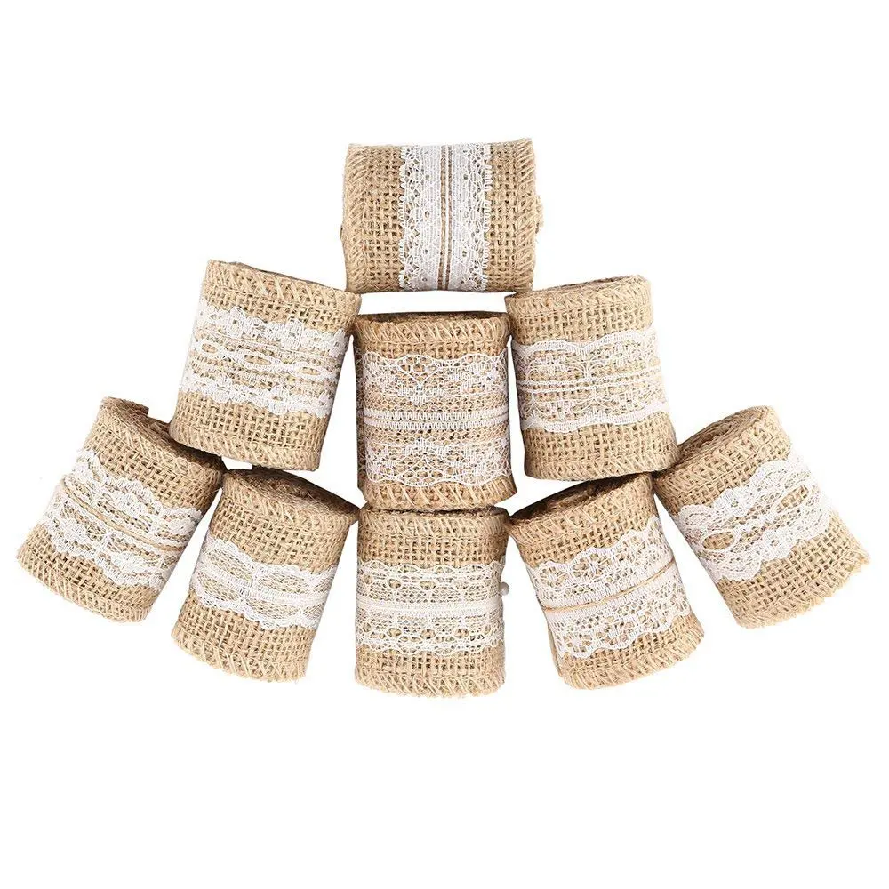 

9 Packs Hessian Burlap Ribbon Rolls with White Lace Natural Burlap Wreath for Gift Wrapping Strap Wedding Party Home Decoration