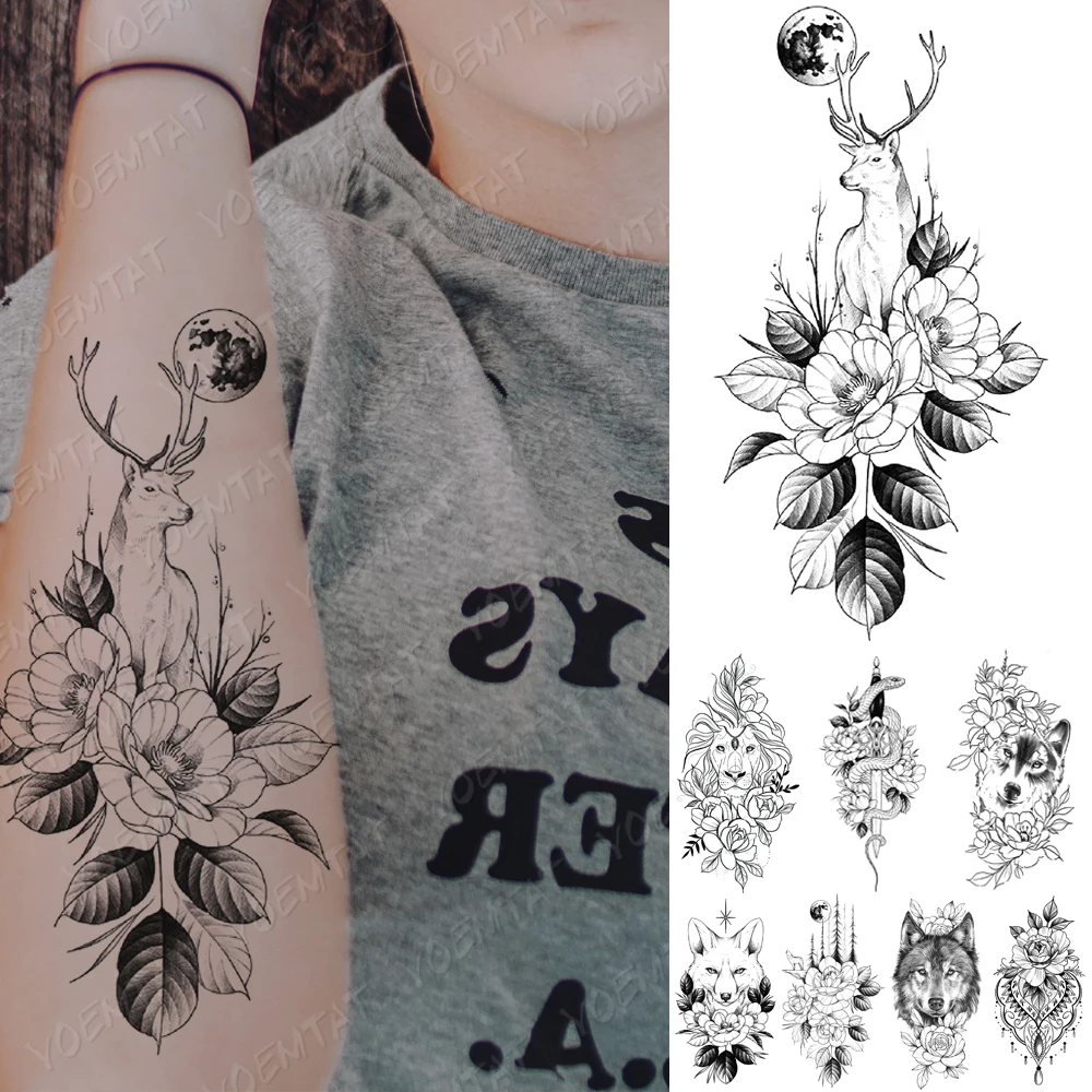 

Waterproof Temporary Tattoo Sticker Rose Moon Deer Lion Tattoos Wolf Snake Sword Body Art Arm Fake Sleeve Tatoo Women Men