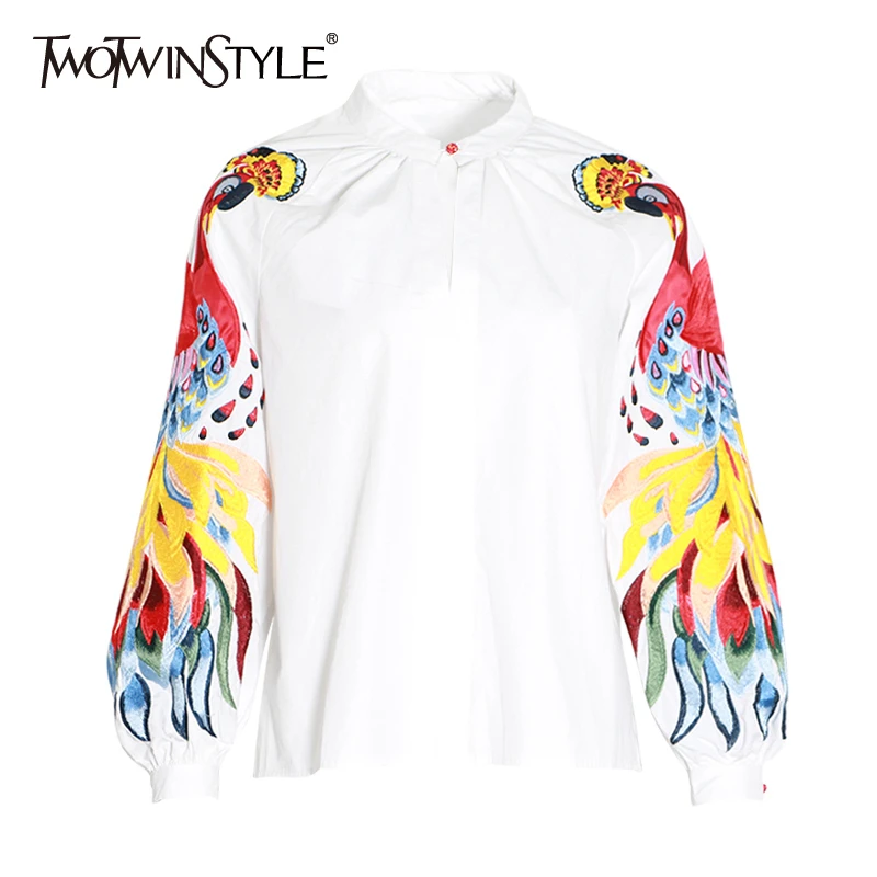 

TWOTWINSTYLE Embroidery Animals Women's Shirts O Neck Lantern Long Sleeve Korean Female Shirt Blouse Oversized 2019 Fashion New