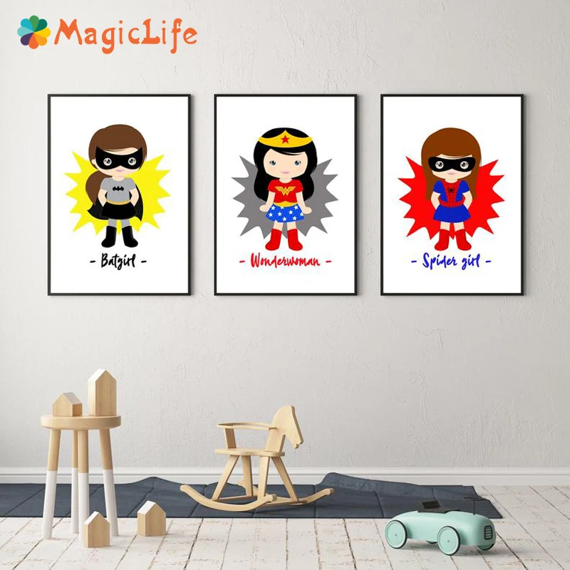 

Cartoon Super Hero Wall Painting Wonder woman Decorative Painting Wall Art Canvas Painting For Kid Room Unframed