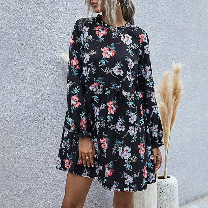 

2020 Autumn New Ladies Black Floral High Waist Dress