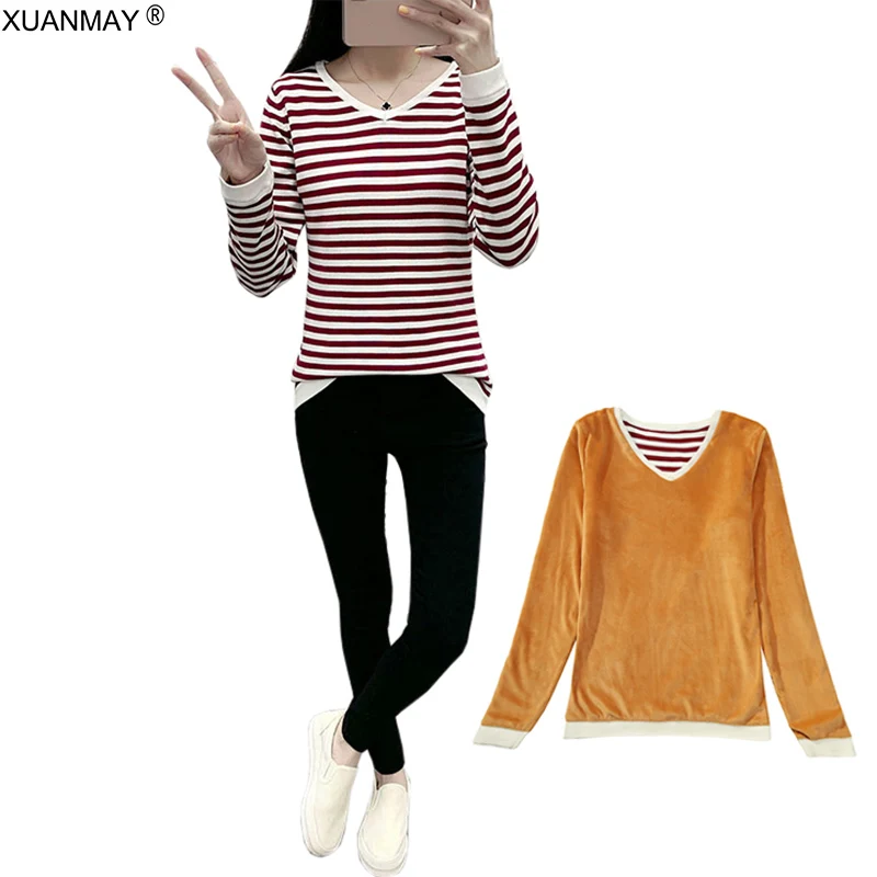 V-neck black stripes Зима плюс толстый бархатный вязаный свитер Нижняя рубашка Бархатная подкладка теплого свитера Pull Пуловер женский Модный толстый свитер - Цвет: V-neck black stripes