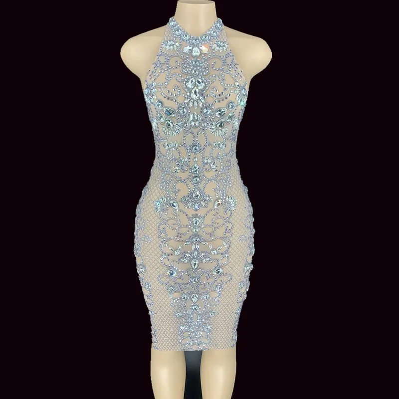 Mesh Silver Glass Rhinestones Transparent Halter Dress Birthday Celebrate Bar Prom Outfit Women Dance YOUDU | Тематическая одежда