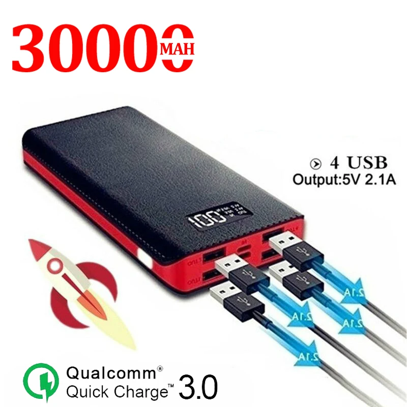 30000mAh внешний аккумулятор 4 USB порты портативный ЖК дисплей светодиодный цифровой