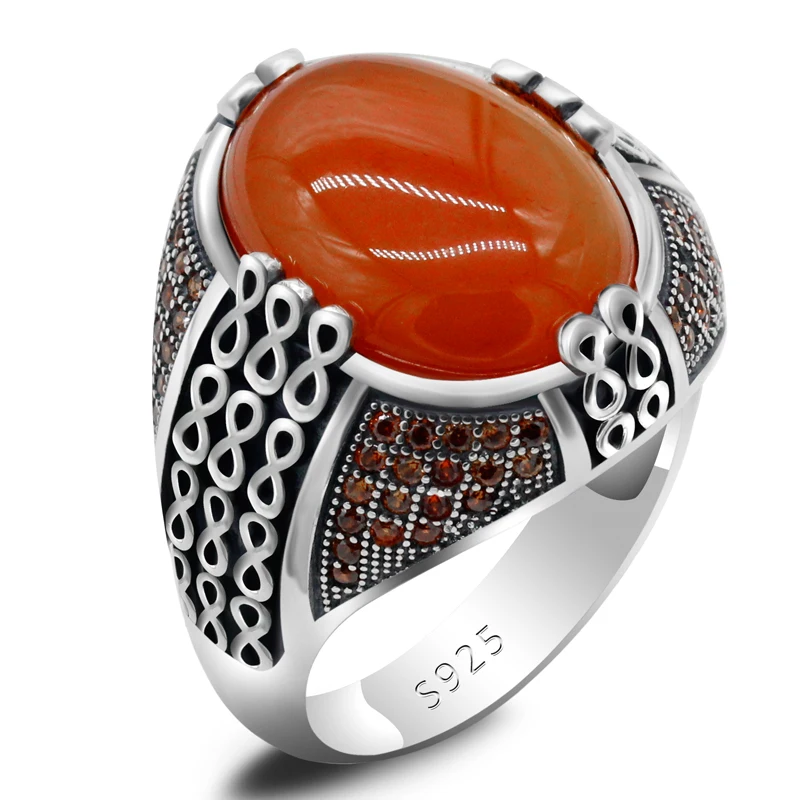Solid 925 Silver Men Ring Retro Ancient Middle East Arabic Style Agate