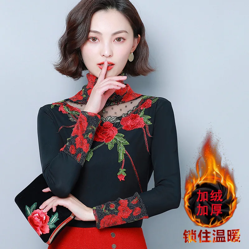 

Fall And Winter Clothes New Style Embroidery High Collar Western Style Base Shirt plus Velvet Warm Lace Shirt Hot Drilling Long