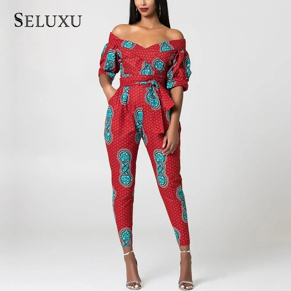 

Seluxu 2019 Womwn Jumpsuits African Style Digital Printing Sexy Slash Neck Jumpsuit Lantern Sleeve Women Rompers Sashes Rompers