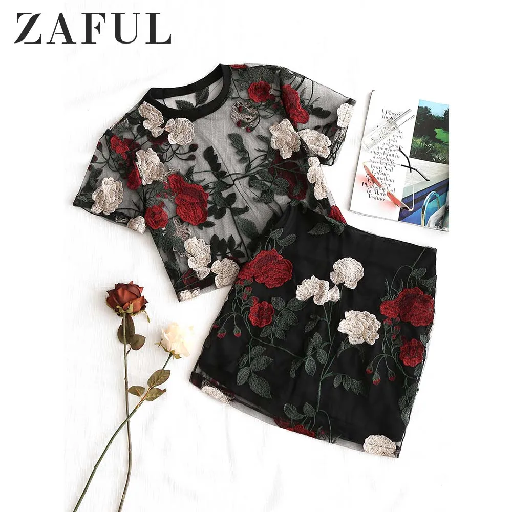 ZAFUL Цветочные Вышитые Сетки Блузка Юбка-Карандаш Набор Сексуальное 2 Шт. Женщины