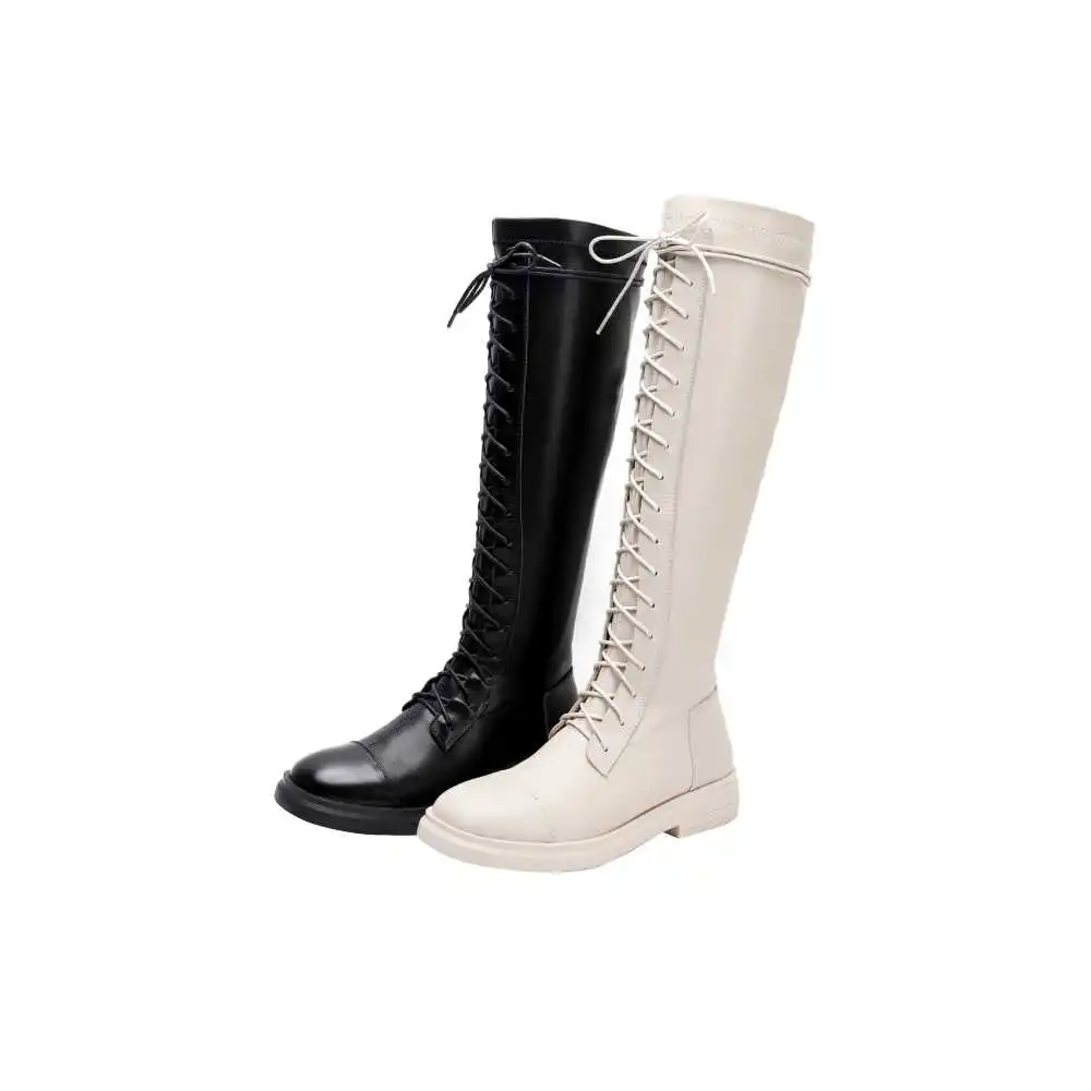 Lenkisen/ г. Популярные эластичные сапоги на шнуровке зимние однотонные теплые женские сапоги до колена из коровьей кожи на среднем каблуке с круглым носком L81