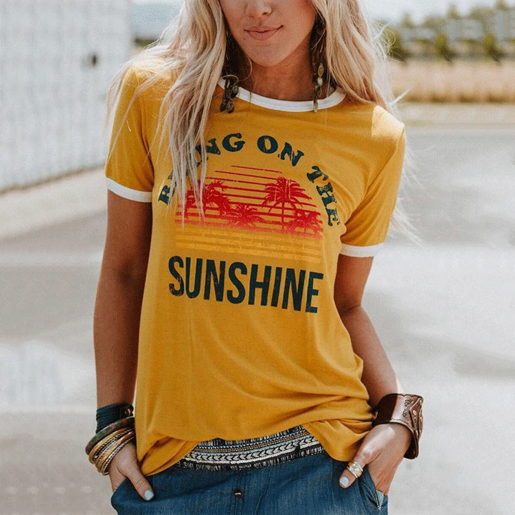 8 цветов Для женщин футболка летние шорты рукав футболки принести на солнце с буквенным принтом Футболки Femme хлопок Harajuku плюс размер - Цвет: Цвет: желтый