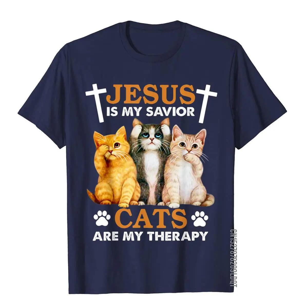 Jesus Is My Savior Cats Are My Therapy Christian Funny Cat T-Shirt__B13214navy